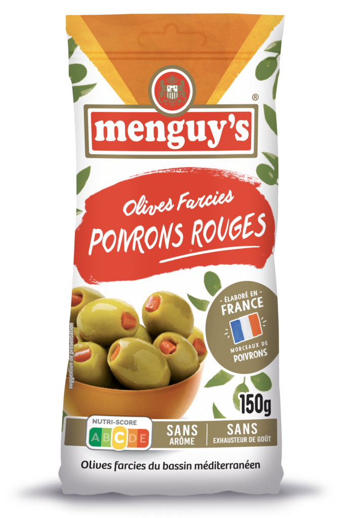 Menguy’s Apéro olives farcies aux poivrons rouges, sachet 150 g