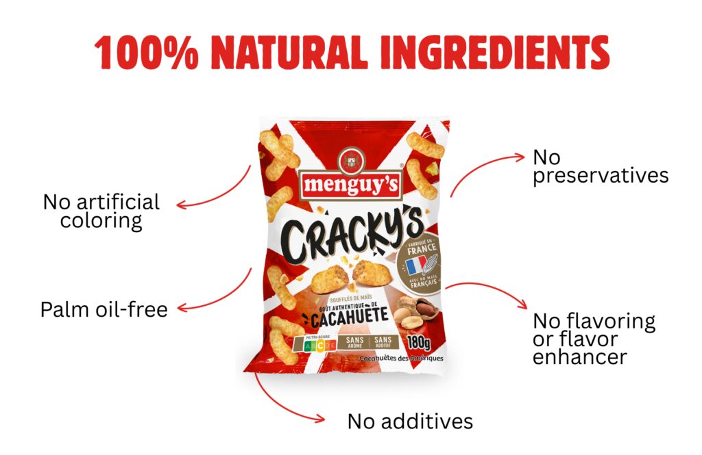 Paquet de Cracky’s cacahuète Menguy's, ingrédients 100% naturels