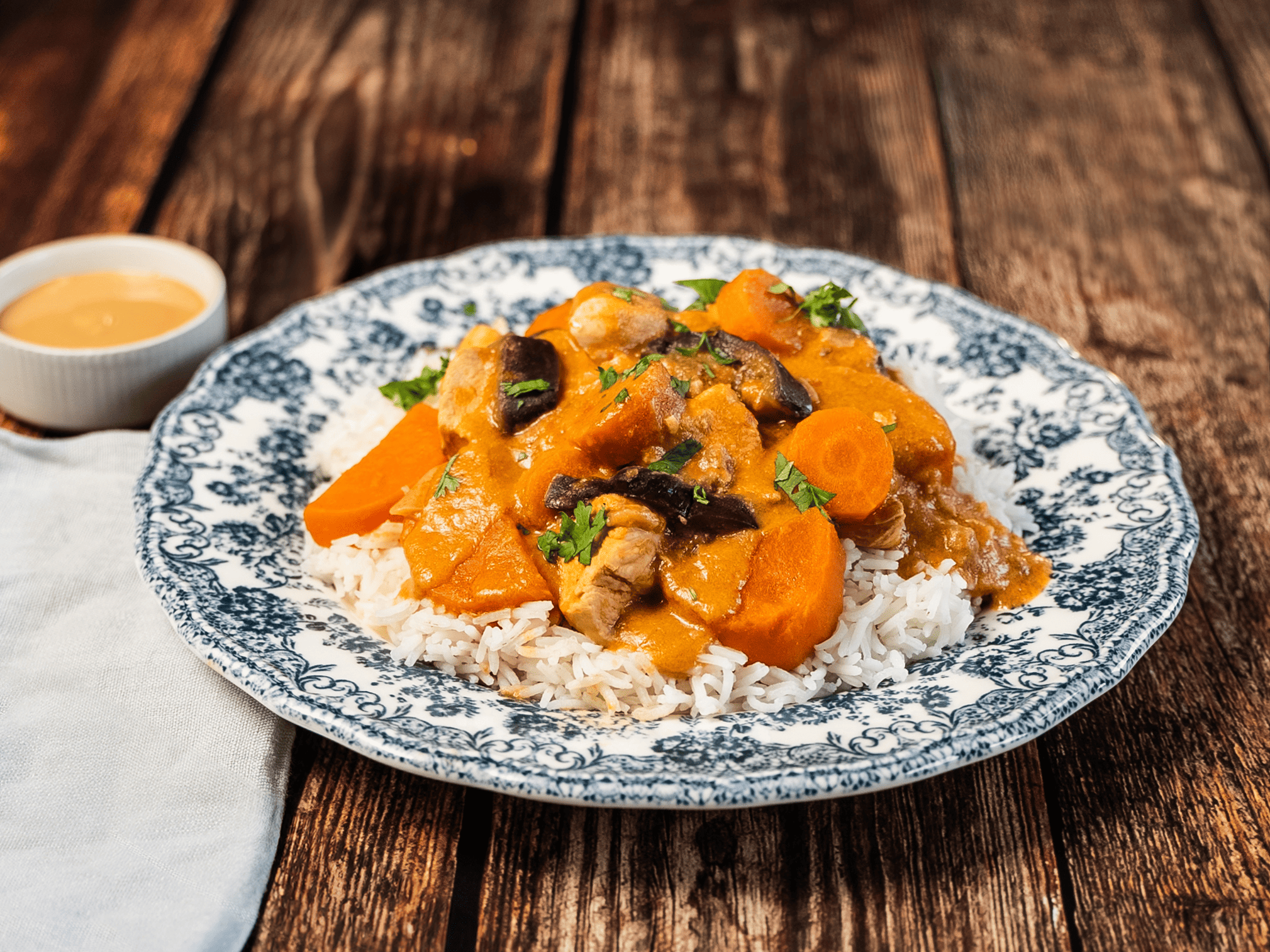 Plat de riz au poulet, carottes et champignons en sauce orange