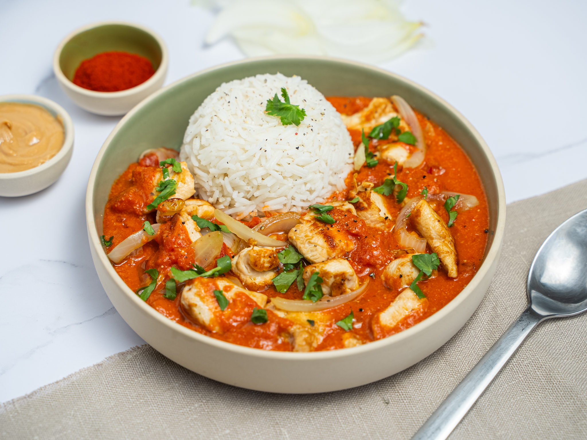 Poulet sauce tomate épicée avec riz blanc et oignons