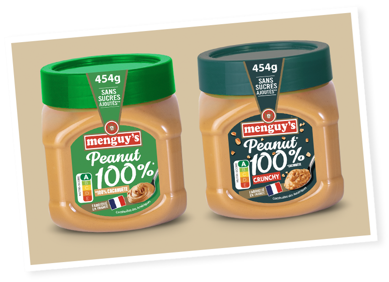 Deux pots de beurre de cacahuète Menguy’s 100 % : une version crémeuse et une version crunchy.