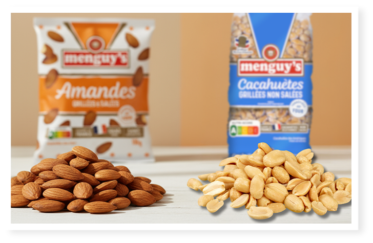 les amandes grillées à sec et les cacahuètes grillées non salées Menguy's