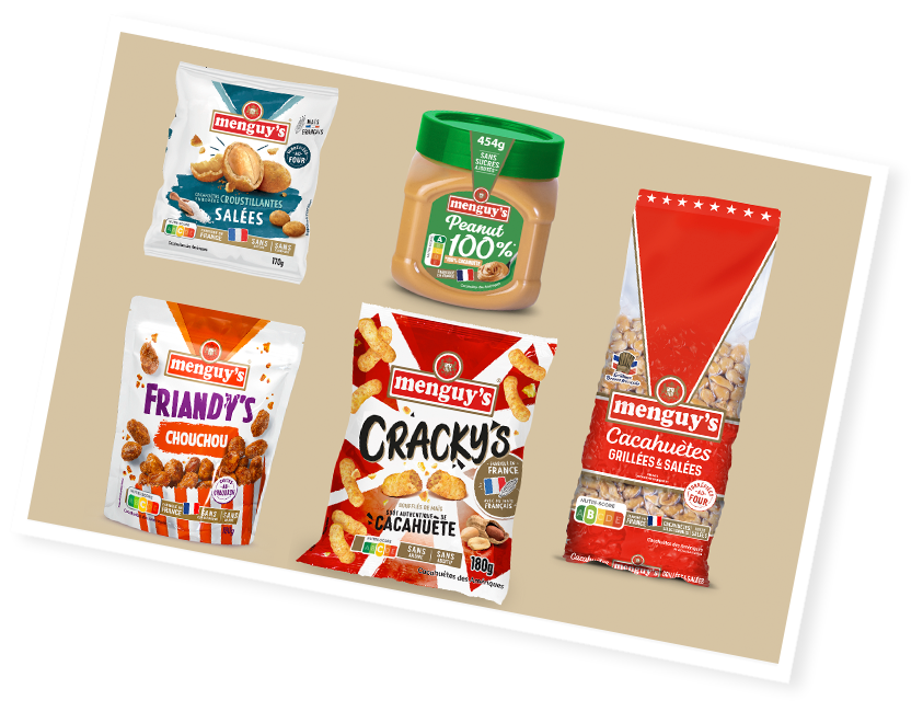 Les produits Menguy's à base de cacahuètes : cacahuètes enrobées, beurres de cacahuète, friandy's, cracky's, et cacahuètes