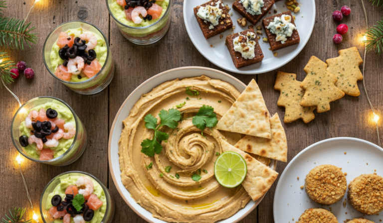 Apéro Menguy's avec houmous, chips pita et verrines crevettes avocat