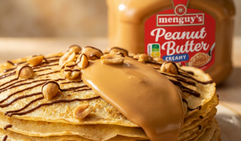 Pile de pancakes nappés de peanut butter Menguy's et cacahuètes