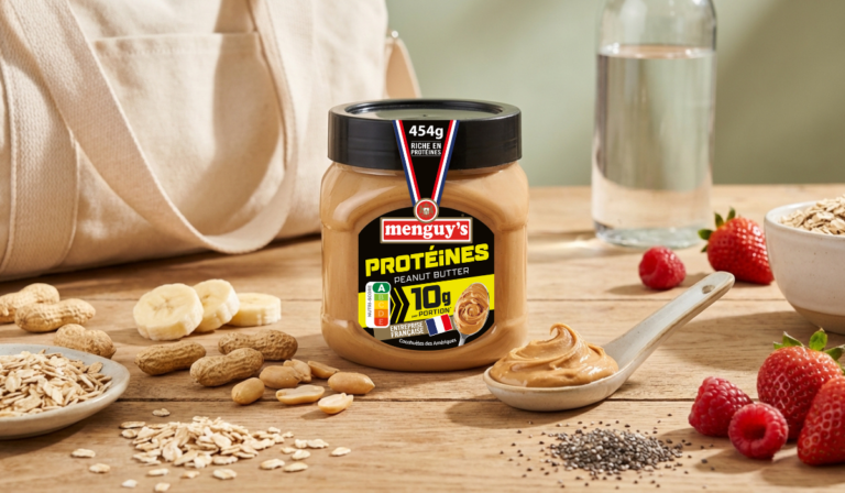 Pot de beurre de cacahuète protéiné Menguy's 454 g avec cuillère
