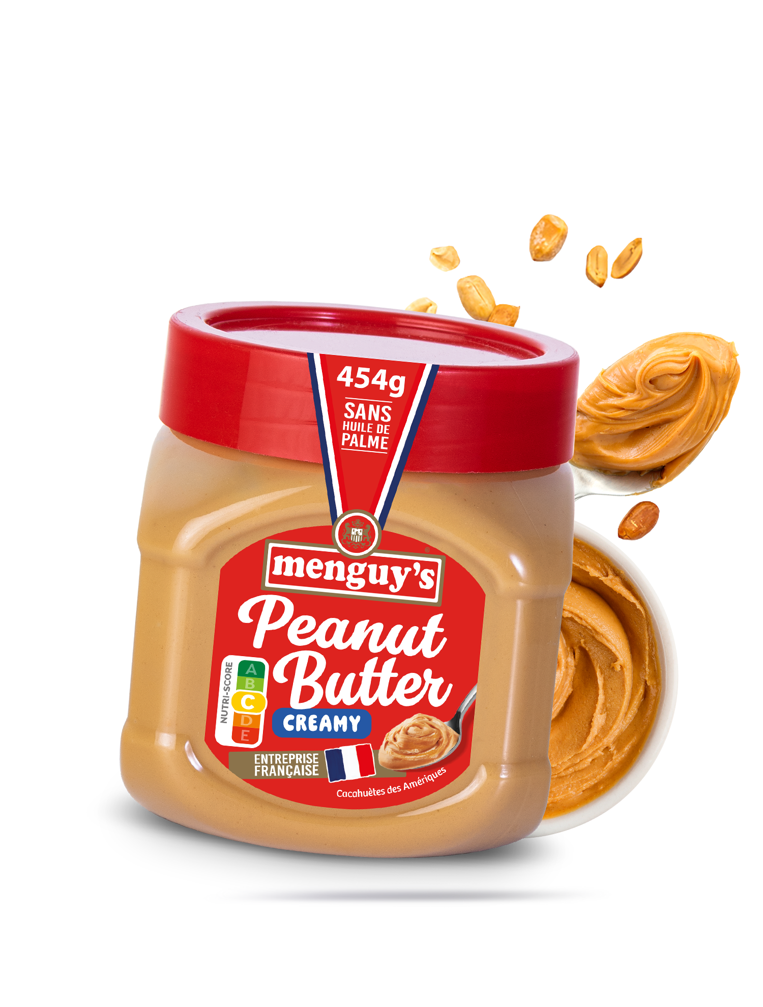 PLAN2_BEURRECREAMY Pot de beurre de cacahuète Creamy Menguy's 454g, texture onctueuse et lisse, fabriqué en France par une entreprise française.