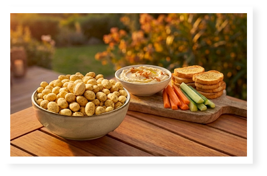 Apéro Menguy's avec biscuits soufflés, dip, crackers et crudités
