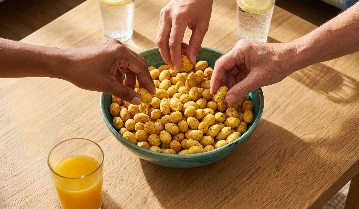 Mains prenant des biscuits apéro Menguy's dans un grand bol