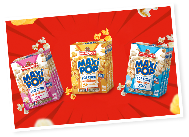 Trois boîtes de pop-corn Menguy's Maxi Pop Apéro sucré, caramel et salé
