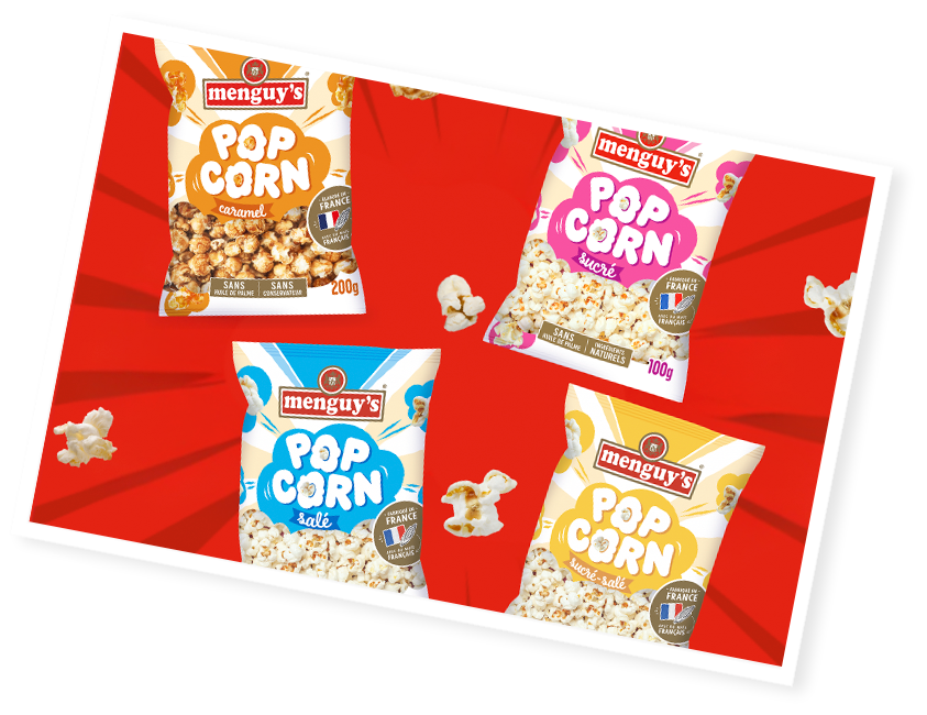 Quatre sachets de pop-corn Menguy's Apéro : caramel, sucré, salé, sucré-salé