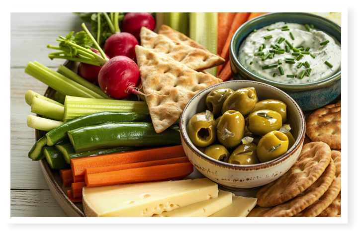Plateau Apéro Menguy's avec olives, crudités, fromage et crackers