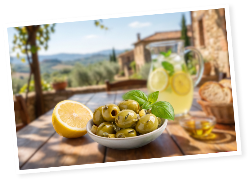 Bol d’olives vertes Menguy’s pour l’Apéro avec citron et basilic