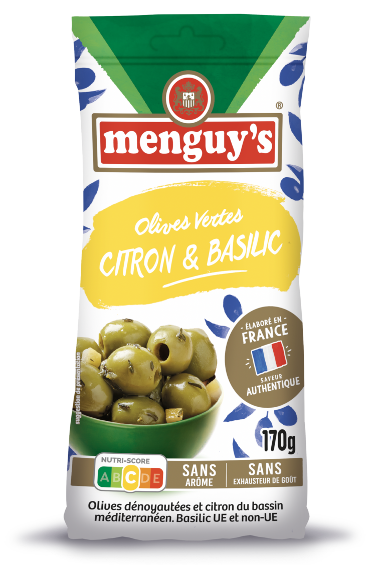Olives vertes dénoyautées au citron et basilic