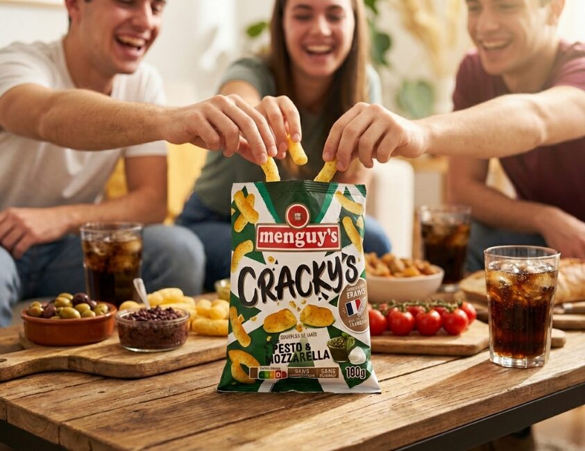 Apéro entre amis avec paquet de Menguy's Cracky's pesto mozzarella