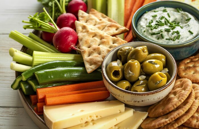 Plateau Apéro Menguy's avec olives vertes, crudités, crackers et fromage