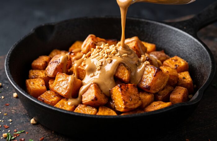 Pommes de terre rôties nappées de sauce et éclats de cacahuète Apéro Menguy's