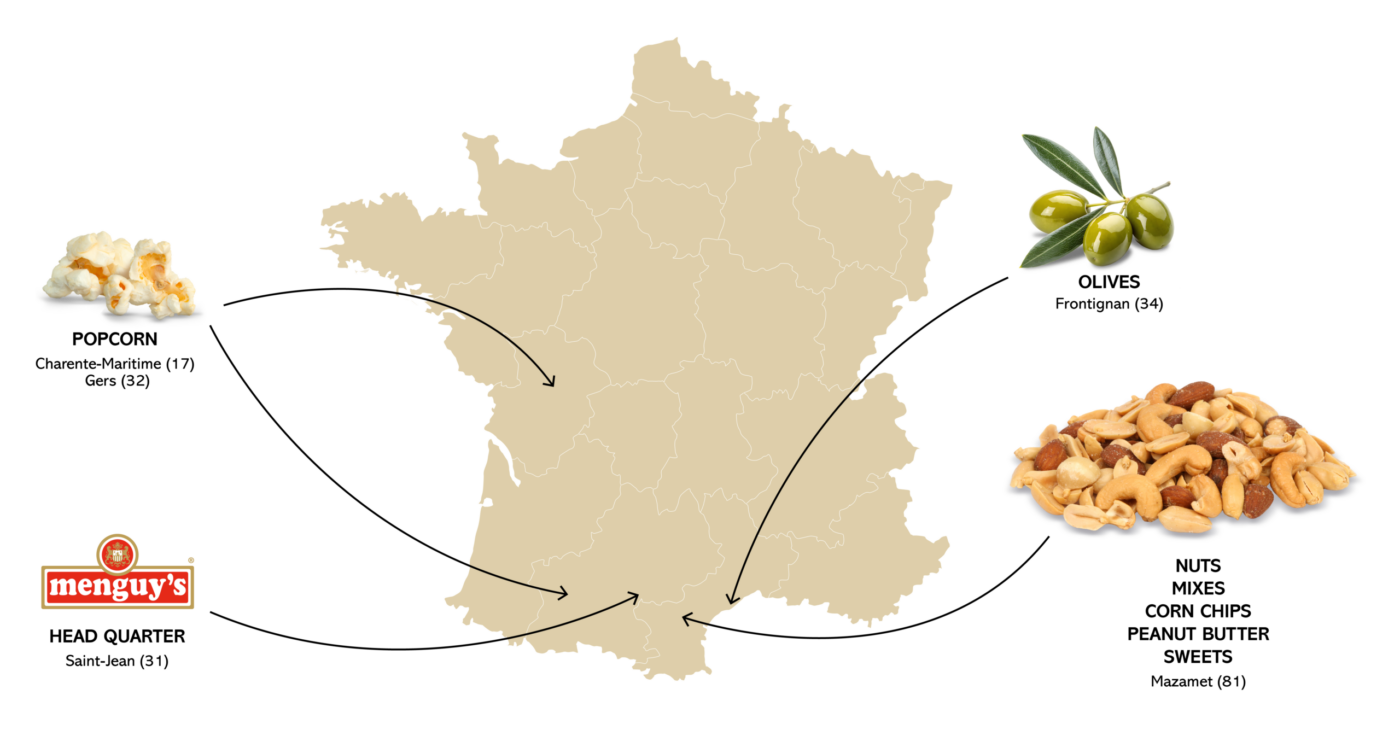 Carte de France des produits Apéro Menguy's : olives, popcorn et fruits secs