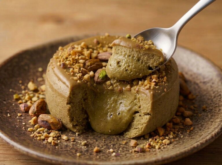Moelleux pistache cœur coulant, garni d’éclats de pistaches