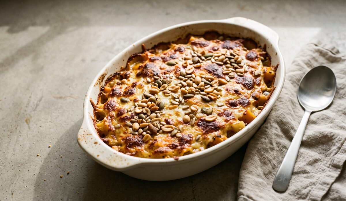 Gratin de pâtes Apéro Menguy's aux graines et fromage gratiné