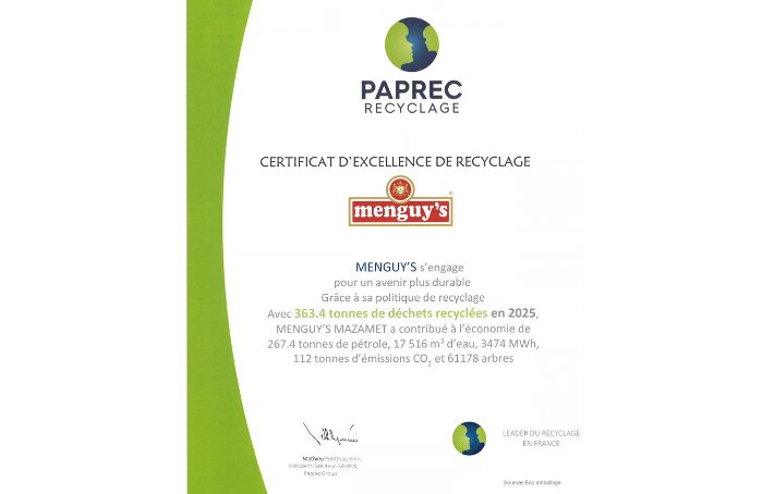 Certificat d’excellence de recyclage Paprec pour Menguy’s