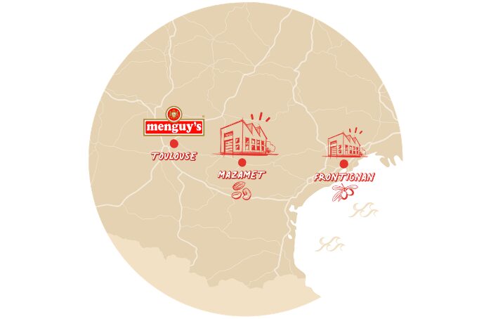 Carte des sites Menguy's à Toulouse, Mazamet et Frontignan